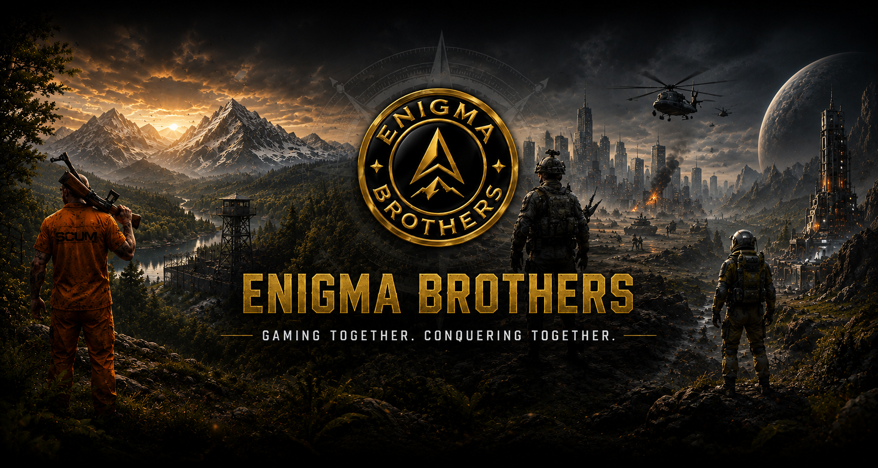 Enigma Brothers gaming community featuring SCUM, Battlefield, Icarus, and community server activities.