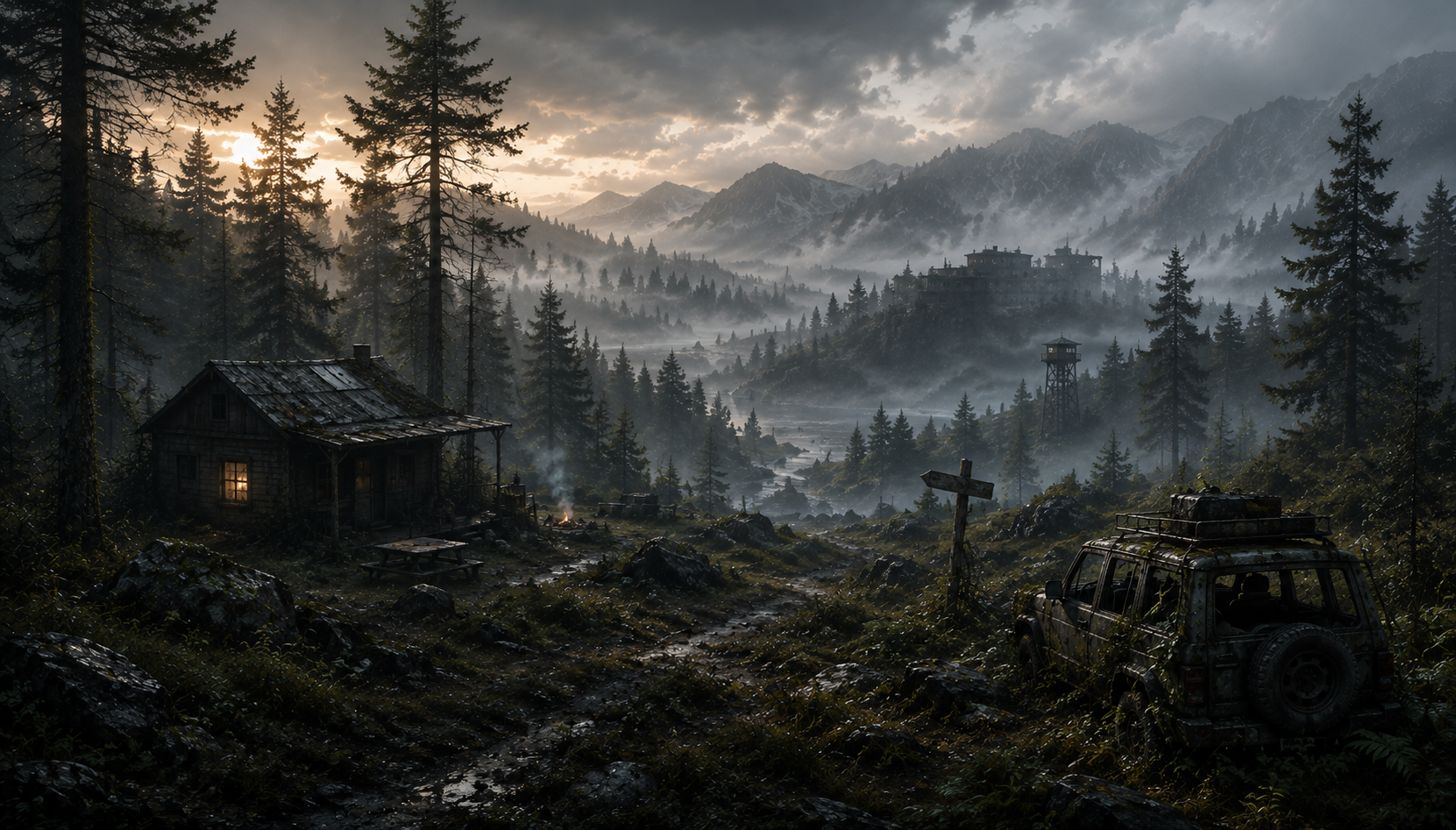 Remote survival camp overlooking a misty mountain wilderness